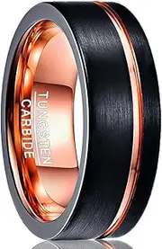 [NUNCAD] Tungsten Carbide Wedding Ring 8mm Rose Gold Line Flat Pipe Cut Brushed Polished Comfort Fit Size 5-12