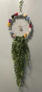 Dream Catcher 8” Dia Ring w/ Leaf Ribbon, Fairy Lights Etc. Hndmade