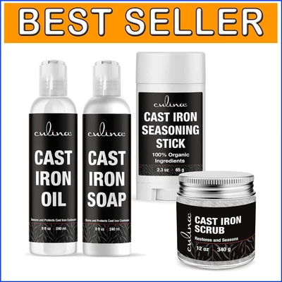 100% Plant-Based Cast Iron Seasoning Oil & Soap Set for Non-Stick Performance