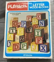 Vintage 1978 Playskool 49 Letter Wood Blocks Stack Build Colors Complete