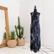 Elie Tahari Women's S York Sleeveless Silk Drawstring Waist Maxi Dress Black