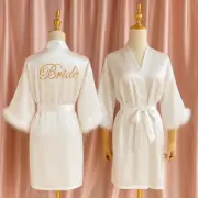 BRIDE Wedding Satin Robe with Feathers Bridal Party