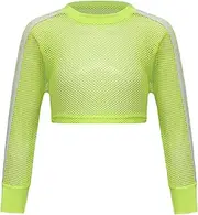[Hedmy] Kids Girls Sheer Mesh Crop Tops Hip Hop Jazz Dance T-Shirts See Through Y2K Summer Long Sleeve Tank Top
