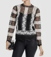 $145 Aqua Women's Black White Sheer Lace Overlay Short-Sleeve Blouse Top Size S