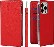 [Cavor] for iPhone 13 Pro Case,[Litchi Leather] [RFID Blocking Card Holder] Flip Magnetic Wallet Case Cover with Kickstand Feature(6.1") -Red