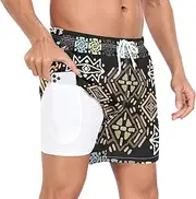 [GuoChe] Mens Beach Shorts Mens 2In1 Workout Shorts Ethnic Ethno Boho Retro Black with Phone Pocket Yoga Shorts Lightweight