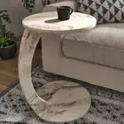C Shaped End Table for Couch Small Places, Faux Marble White Space Saver round S