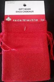 CELEBRATE IT CHRISTMAS Metallic Red Burlap Drawstring Gift Bags 4" x 5" - 3pc