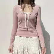 Long Sleeve Lace Panel Bow Accent Lettuce Edge Ribbed Top Pink - M