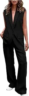 [WUANDIXFA] Blazers for Women Vest and Wide Leg Pants Button Blazer Sets Casual 2 Piece Outfits Sleeveless Suit