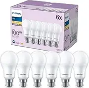Philips LED Frosted A60 Light Bulb 6 Pack [Warm White 2700K - B22 Bayonet Cap] 100W, Non Dimmable. for Home Indoor Lighting