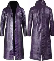 [Zulin] Jared Leto Joker Suicide The Squad Purple Leather Trench Coat for Men | Crocodile Pattern Leather Coat |