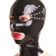 Rivet Trim Latex Hood with Back zipper Rubber Mask for Catsuit Clubwear Fetish