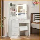 Dressing Table and Stool Set White Makeup Vanity Desk with Sliding Mirror LED