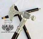 Antique Axe Sliver Finish Head Handle Victorian Wooden Walking Stick Cane