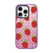 iPhone 16 Pro Impact Case MagSafe Compatible sweet red strawberries with pink check pattern - crayon texture strawberry