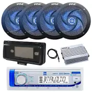 Marine Bluetooth Receiver, Amp, 4x 8" Blue LED Speakers, Cover (Black), Antenna