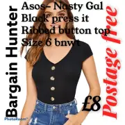 Asos- Nasty Gal Black press it Ribbed button top Size 6 bnwt