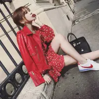 在飛比找蝦皮購物優惠-ulzzang皮衣女2019春秋新款明星同款機車皮夾克短款紅