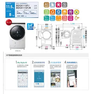 HITACHI日立 11.5公斤 滾筒式 洗脫烘 洗衣機 BDSX115FJR 日本製 智能遠端 (右開)【贈基本安裝】