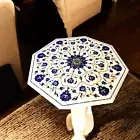 30" Coffee Table Top Lapis Stone Inlay Work Octagon White Marble Sofa Side Table