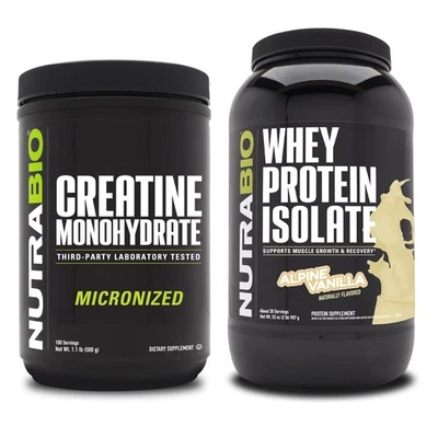 NutraBio Creatine Monohydrate, Unflavored, 500g and Whey Protein Isolate, Alpine