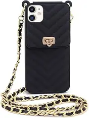 Fusicase for iPhone 11 Wallet Case with Neck Strap Crossbody Strap Lanyard Handbag Wrist Strap Protective Cover Credit Card Holder Slot Purse for Girls Women Silicone Case for iPhone 11 Black