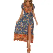 Nevenka Women Boho Summer Maxi Dress Side Split Deep V Neck Floral Dress-Royal Blue