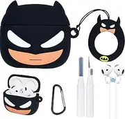 Cute Case for Airpods 4th Generation Cover, with Magnetic Anti-Lost Cord, Keychain and Cleaner Pen Kit, 3D Cartoon Animal Soft Silicone Funny Cover for Airpods 4 Case Accessories Set for Men - Black