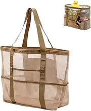 Foldable Beach Bag，Granmagazz Large beach tote bag ，Mesh beach bag for family beach bag for toys & vacation Sports Camping Picnic Travel Bag Essential（khaki）