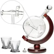 Large 50 Oz 'Plane' Handmade Whiskey Etched Globe Decanter Set, Diamond glasses