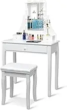Giantex Dressing Table Stool Set, LED Vanity Makeup Dresser, 360° Rotating Mirror, 10 Adjustable LED Lights, 3 Drawers, Jewelry Storage, White, Pine, MDF, Contemporary, Elegant