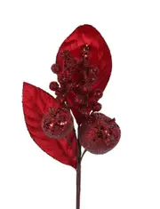 Red Velour Leaf & Apple Christmas Tree Pick 35cm