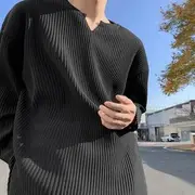 Long-Sleeve Notch Neck Plain Ribbed T-Shirt Black - XL