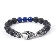 Genuine Black Lava Volcanic Lapis Stainless Steel Beaded Bracelet Men's