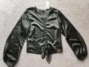 Abercrombie & Fitch Tie Front Button Down Blouse Top Green Satin Puff Sleeve XS