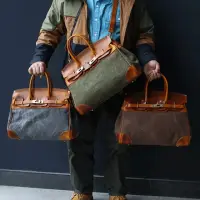 在飛比找momo購物網優惠-【巴黎精品】手提包真皮側背包(牛皮拼接帆布柏金包男女包包4色