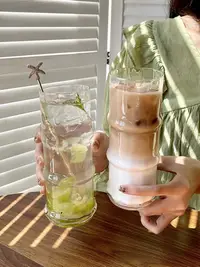 在飛比找松果購物優惠-創意竹節玻璃水杯拿鐵杯果汁飲料杯子家用冰美式透明 (8.3折