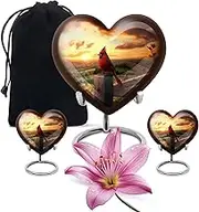 Red Bird Cardinal Heart Shaped Ash Holder, Cremation Urns for Ashes Keepsake, Decorative for Funeral & Burial, Memorial Gift for Father & Mother, Yellow, Combo (10 Inch & 3 Inch Mini Set of 2)