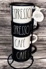Rae Dunn ESPRESSO CAFE` Coffee Cups Stacking Small Mugs & Stand Black & White