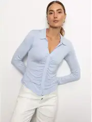NEW! Sanctuary Dreamgirl Long Sleeve Ruched Button Front Knit Top Light Blue S