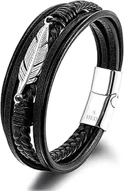 [HEIX] Mens Multilayer Leather Feather Bracelet Magnetic Stainless Steel Clasp in Black, Sliver Gift Idea for Men & Boys Jewelry
