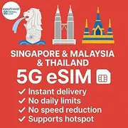 Singapore Malaysia Thailand eSIM | 5G High Speed Data | Supports Hotspot | 3GB to 50GB | Email Delivery (5GB for 30 Days)