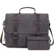 Vintage Messenger Bag 15.6 Inch Waterproof Genuine Leather Waxed Canvas Brief...