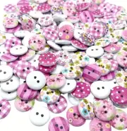 50 PC Wooden Two-Hole Buttons Floral Polka Dot 1.5 CM Random Colors New B5590