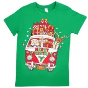 New Kids Christmas Xmas T Shirt Tee Tops 100% Cotton Boys Girls Gift Red White - Santa Drive Kombi (Green)