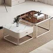 EKDJSN Nesting Table Set of 2, Coffee Tables with Drawer Storage 2 in 1, Square Stacking Side Tables End Tables, for Living Room Bedroom Living Room, Office(White)