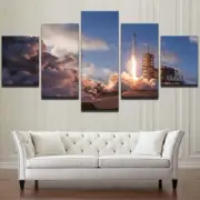 Falcon 9 Space Rocket Taking Off On Launch Framed 5 Piece Panel Canvas Wall Art
