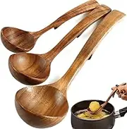 3Pcs Wooden Ladle Spoon Set Acacia Wood Soup Ladle with Back Hooks for Pot Bowl Kitchen Serving Soup Spoons Utensils Non-Stick Wooden Spoons for Long Handle for Cooking, Serving and Stirring, BFUS-XSM3