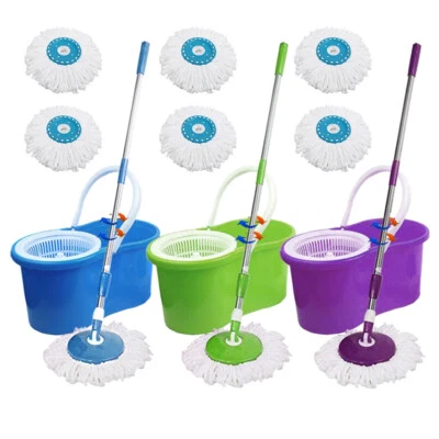360° Rotating Head Easy Spin Dry Floor Mop Bucket + 2 x Head Microfiber Spinning
